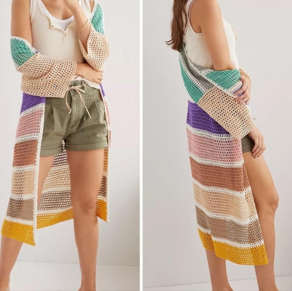 Anthropologie Multi Color Crocheted Knit Duster  Cardigan One Size Earthtones